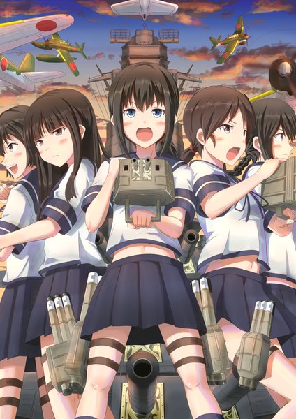 Anime picture 744x1052 with kantai collection fubuki destroyer hatsuyuki destroyer shirayuki destroyer isonami destroyer miyuki destroyer ichikawa feesu long hair tall image blush short hair open mouth blue eyes black hair brown hair multiple girls brown eyes sky cloud (clouds) girl