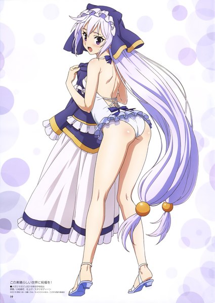 Anime picture 2889x4083 with kono subarashii sekai ni shukufuku wo! studio deen megami magazine eris (konosuba) tall image blush fringe highres open mouth light erotic hair between eyes purple eyes holding signed ass white hair very long hair looking back official art bare back