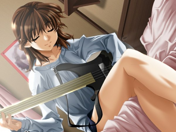 Anime picture 1024x768 with brown hair sitting eyes closed bed musical instrument guitar bass guitar
