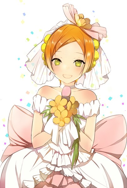 Anime picture 600x888 with love live! school idol project sunrise (studio) love live! hoshizora rin lpip single tall image blush short hair open mouth white background bare shoulders green eyes from above orange hair happy girl dress hair ornament earrings