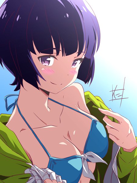 Anime picture 1536x2046 with eromanga sensei a-1 pictures senju muramasa nii manabu single tall image looking at viewer blush fringe short hair breasts light erotic smile purple eyes signed purple hair blunt bangs from above gradient background girl