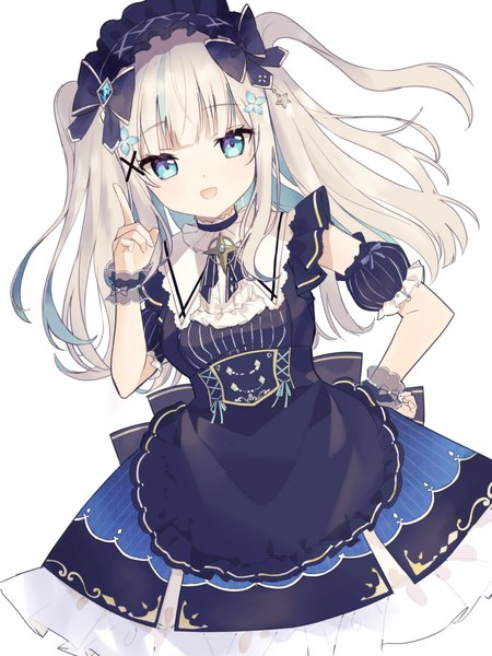 Anime picture 1360x1813 with virtual youtuber nijisanji ars almal toni (nakoti73) single long hair tall image looking at viewer open mouth blue eyes simple background white background silver hair :d two side up hand on hip girl dress hair ornament detached sleeves