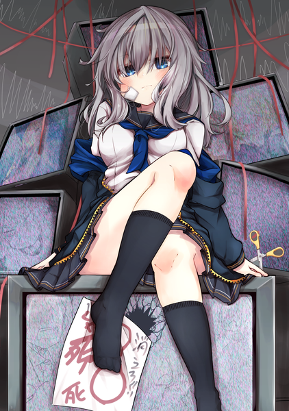 Anime picture 2240x3184 with original shiro9jira single long hair tall image looking at viewer blush highres blue eyes sitting pleated skirt grey hair off shoulder open jacket from below hair over eyes bandaid on face girl skirt uniform