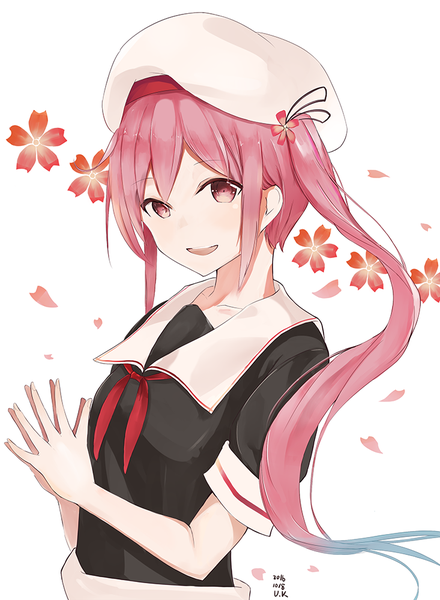 Anime picture 733x1000 with kantai collection harusame destroyer unajuu (set mk) single long hair tall image looking at viewer white background payot pink hair upper body pink eyes side ponytail hands clasped girl uniform petals serafuku beret flower (symbol)