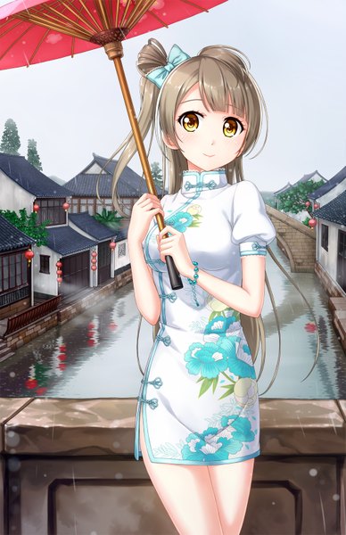 Anime picture 1056x1632 with love live! school idol project sunrise (studio) love live! minami kotori tucana single long hair tall image fringe smile brown hair standing holding yellow eyes sky traditional clothes one side up floral print reflection chinese clothes
