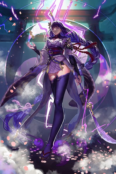 Anime picture 600x900 with genshin impact raiden shogun yamakawa umi single tall image looking at viewer fringe purple eyes holding signed payot sky purple hair cloud (clouds) full body blunt bangs very long hair traditional clothes japanese clothes mole