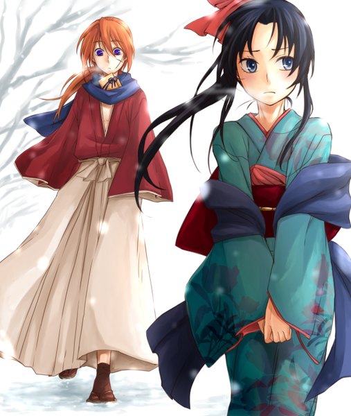 Anime picture 1100x1300 with rurouni kenshin himura kenshin kamiya kaoru k hearts (artist) long hair tall image blush blue eyes black hair purple eyes japanese clothes wind orange hair couple snowing scar winter snow girl boy