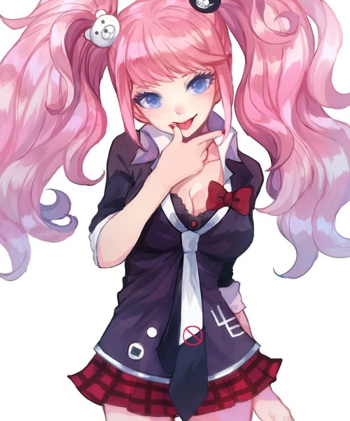 Anime picture 873x1047 with dangan ronpa enoshima junko jurge single long hair tall image looking at viewer blush fringe breasts open mouth blue eyes simple background smile standing white background twintails payot pink hair cleavage