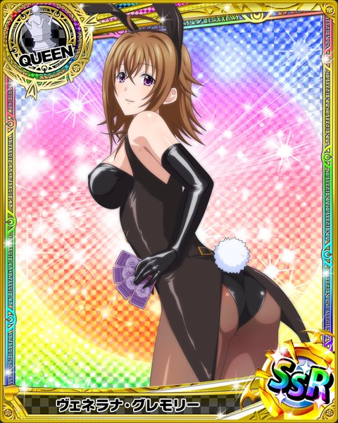 Anime picture 640x800 with highschool dxd venelana gremory single tall image short hair light erotic brown hair purple eyes animal ears bunny ears card (medium) girl gloves black gloves elbow gloves bunnysuit