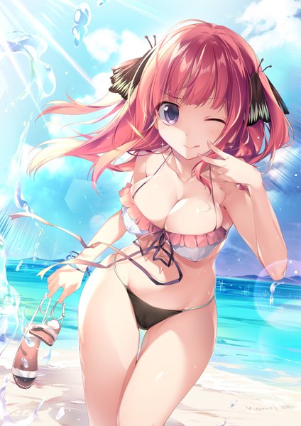 Anime picture 2475x3500 with go-toubun no hanayome nakano nino karory single long hair tall image looking at viewer blush fringe highres breasts light erotic large breasts standing purple eyes holding signed pink hair sky cleavage