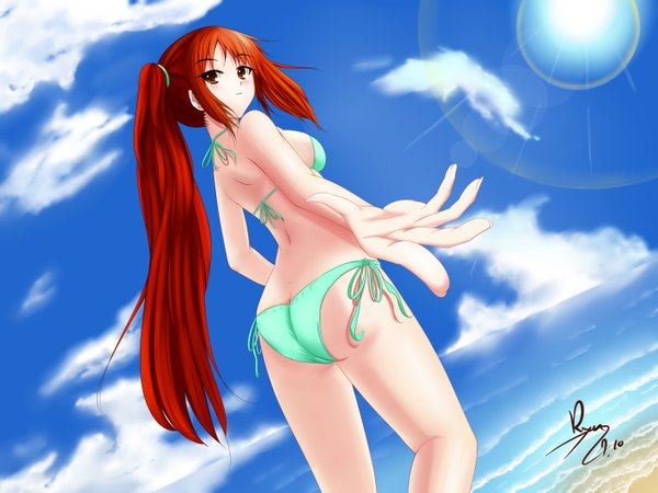 Anime picture 2800x2100 with league of legends original ryu seung (artist) single long hair blush highres light erotic brown eyes sky cloud (clouds) ass ponytail looking back light smile from behind orange hair legs back side ponytail