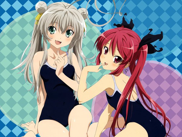 Anime picture 2048x1536 with haiyore! nyaruko-san nyaruko cthugha (nyaruko-san) long hair blush highres open mouth smile red eyes twintails bare shoulders multiple girls red hair aqua eyes grey hair finger to mouth girl 2 girls swimsuit one-piece swimsuit