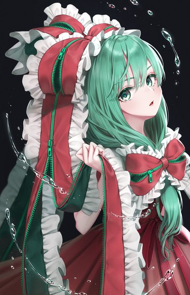 Anime picture 1217x1891 with touhou kagiyama hina torinari (dtvisu) single long hair tall image looking at viewer simple background green eyes upper body green hair black background unzipped girl bow hair bow water zipper