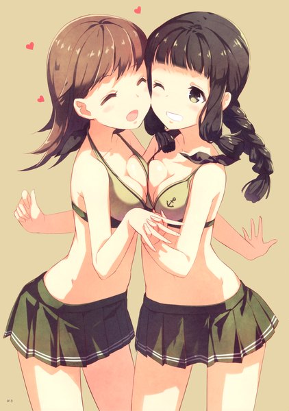 Anime picture 2132x3032 with kantai collection kitakami light cruiser ooi light cruiser h2so4 long hair tall image blush highres breasts open mouth light erotic black hair simple background brown hair large breasts multiple girls brown eyes braid (braids) eyes closed pleated skirt