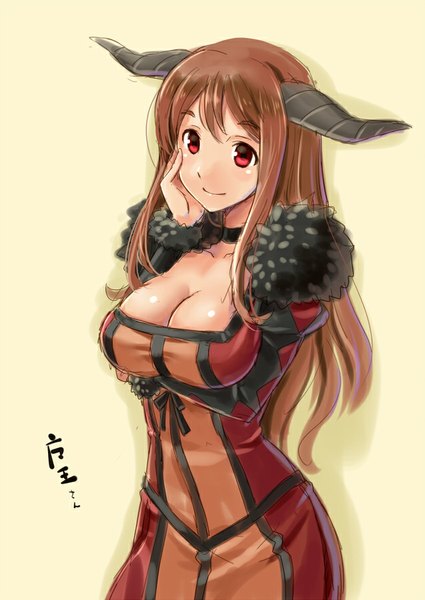 Anime picture 637x900 with maoyuu maou yuusha arms corporation maou (maoyuu) katahira masashi single long hair tall image looking at viewer breasts light erotic simple background smile red eyes brown hair large breasts horn (horns) yellow background hand on face girl dress