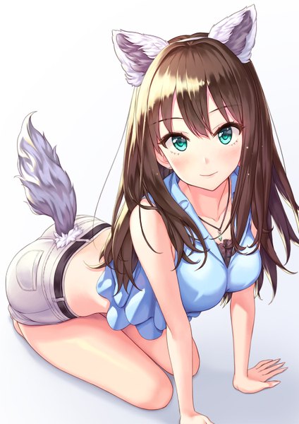 Anime picture 1060x1500 with idolmaster idolmaster cinderella girls shibuya rin hhama single long hair tall image looking at viewer blush fringe breasts light erotic simple background smile hair between eyes brown hair white background bare shoulders animal ears full body
