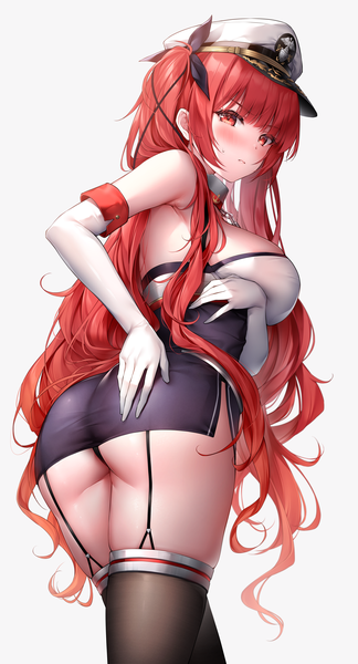 Anime picture 2894x5360 with azur lane honolulu (azur lane) oyuwari single long hair tall image looking at viewer blush fringe highres breasts light erotic simple background red eyes large breasts standing white background twintails ass red hair