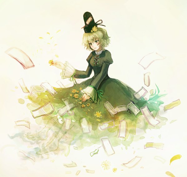 Anime picture 1126x1070 with touhou soga no tojiko katari single short hair smile sitting green eyes green hair girl dress flower (flowers) hat