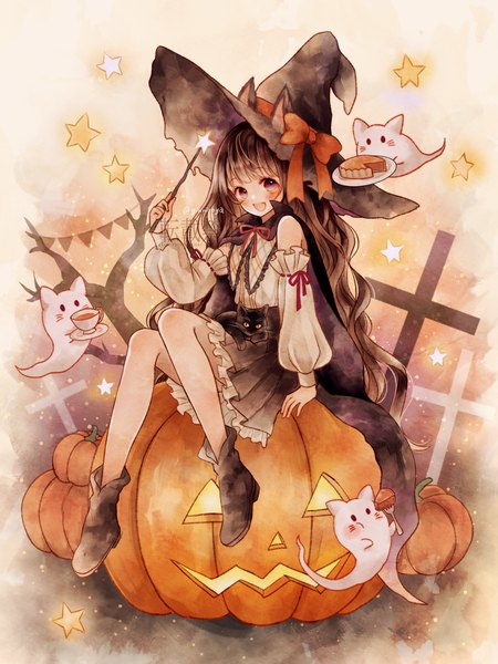 Anime picture 1110x1480 with original ginniroya single long hair tall image looking at viewer open mouth brown hair sitting purple eyes full body :d pleated skirt halloween ghost witch bare tree girl skirt plant (plants)