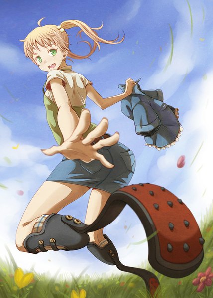 Anime picture 713x1000 with katawa shoujo ibarazaki emi vinhnyu single long hair tall image looking at viewer open mouth blonde hair smile twintails green eyes sky cloud (clouds) looking back girl skirt hair ornament flower (flowers) plant (plants)