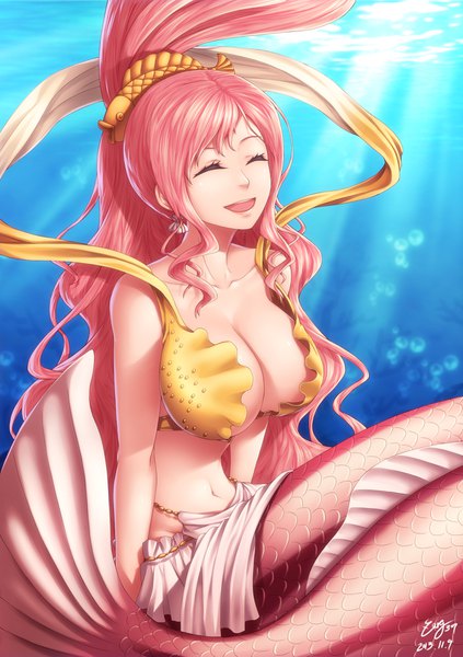 Anime-Bild 1280x1817 mit one piece toei animation shirahoshi zerg309 single long hair tall image fringe breasts open mouth light erotic smile hair between eyes large breasts bare shoulders signed pink hair cleavage eyes closed sunlight