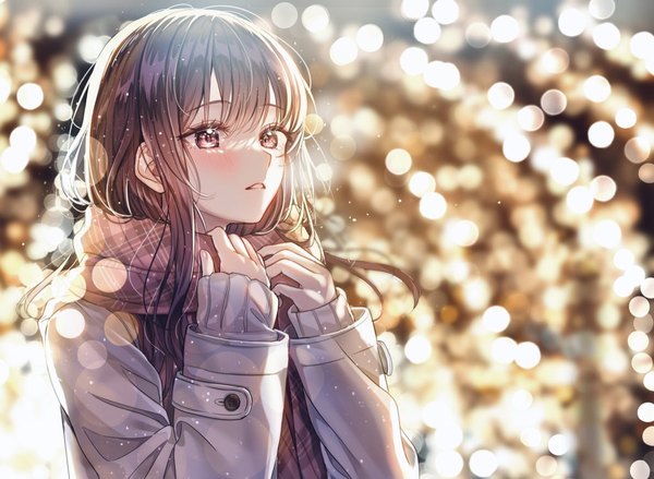 Anime picture 1023x748 with original sakura (39ra) single long hair blush brown hair looking away upper body outdoors long sleeves pink eyes blurry lens flare sleeves past wrists girl scarf