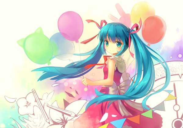 Anime picture 1200x842 with vocaloid hatsune miku lino-lin single long hair smile twintails looking back aqua eyes aqua hair girl dress ribbon (ribbons) bow balloon string of flags