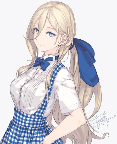 Anime picture 749x920 with kantai collection richelieu (kantai collection) rokuwata tomoe single long hair tall image looking at viewer fringe blue eyes blonde hair hair between eyes signed mole mole under eye twitter username dated low ponytail alternate hairstyle mole under mouth girl