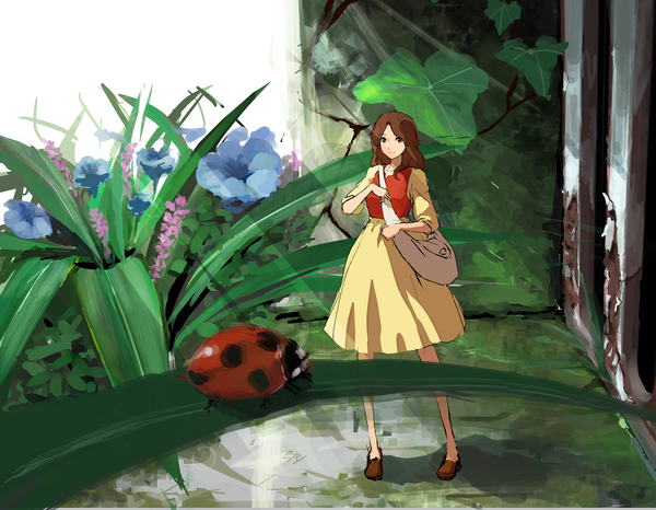 Anime picture 1395x1085 with the borrower arrietty studio ghibli arrietty jittsu single long hair brown hair standing brown eyes light smile shadow girl dress flower (flowers) plant (plants) shoes insect bag ladybug
