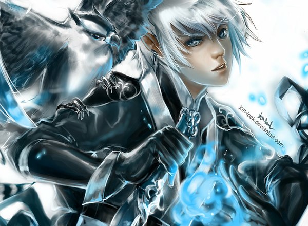 Anime picture 1024x751 with original jon-lock (artist) looking at viewer short hair simple background white background holding silver hair pointy ears magic glowing silver eyes boy gloves weapon earrings animal sword bird (birds) flame
