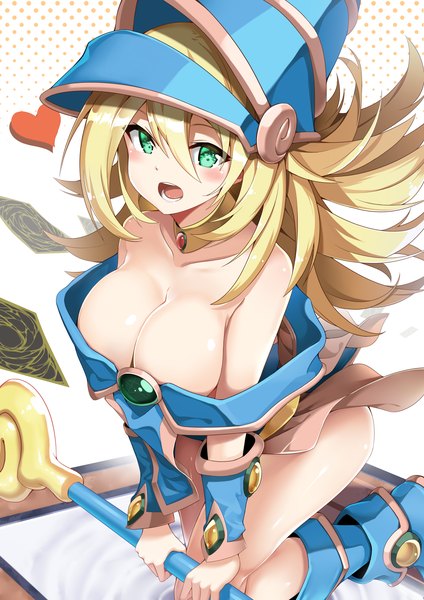 Anime picture 2893x4092 with yu-gi-oh! dark magician girl jie laite single long hair tall image looking at viewer blush fringe highres breasts open mouth light erotic simple background blonde hair hair between eyes large breasts white background bare shoulders holding