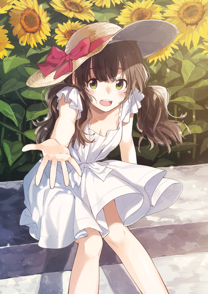 Anime picture 800x1133 with original buuta single long hair tall image looking at viewer blush fringe breasts open mouth smile brown hair sitting twintails green eyes outdoors teeth short sleeves happy wavy hair