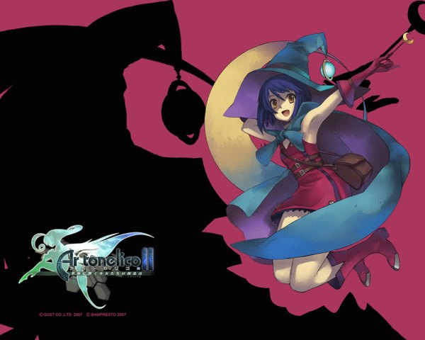 Anime picture 1280x1024 with ar tonelico ar tonelico ii gust (company) luca truelywaath frelia nagi ryou single looking at viewer short hair open mouth holding brown eyes purple hair full body bent knee (knees) :d shadow armpit (armpits) copyright name official alternate costume