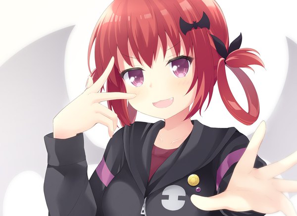 Anime picture 894x651 with gabriel dropout doga kobo satanichia kurumizawa mcdowell maccha single looking at viewer blush fringe short hair open mouth smile purple eyes upper body red hair :d fang (fangs) outstretched arm :3 hair rings >:d