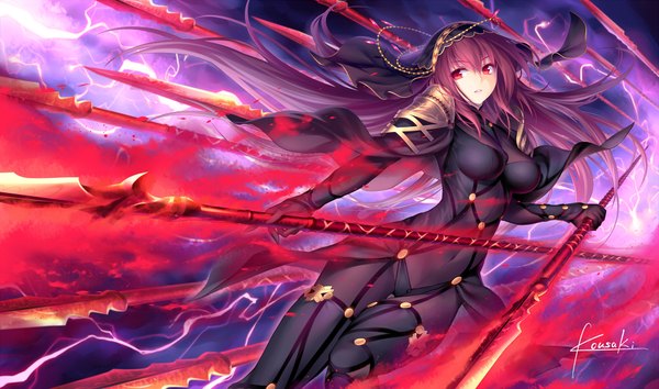 Anime picture 1000x590 with fate (series) fate/grand order scathach (fate) (all) scathach (fate) kousaki rui single long hair fringe breasts light erotic hair between eyes red eyes wide image holding signed purple hair parted lips fighting stance lightning girl