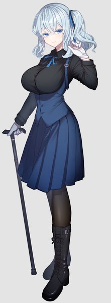 Anime picture 442x1200 with original oshiruko (tsume) single long hair tall image looking at viewer fringe breasts blue eyes light erotic simple background smile hair between eyes large breasts standing payot silver hair full body long sleeves pleated skirt