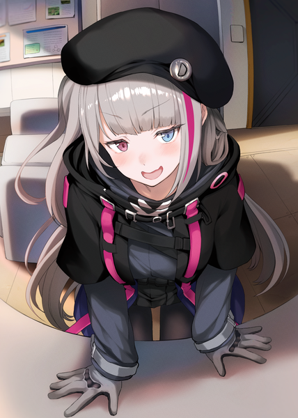 Anime picture 1191x1670 with girls frontline mdr (girls frontline) tobimura single long hair tall image looking at viewer blush fringe breasts open mouth blue eyes smile indoors head tilt pink eyes multicolored hair grey hair two-tone hair leaning