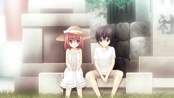 Anime picture 1280x720 with sora tobu hitsuji to manatsu no hana konohanamiya kotoya tanihara natsuki short hair black hair wide image sitting pink hair game cg pink eyes black eyes girl dress boy hat sundress