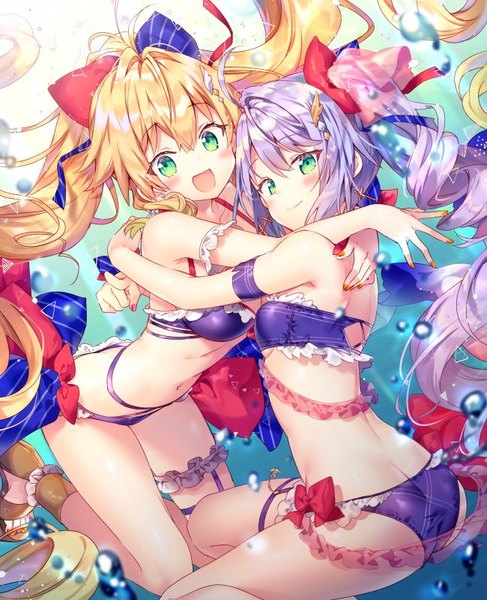 Anime picture 650x800 with azur lane le temeraire (azur lane) l'opiniatre (azur lane) l'opiniatre (magical summer) (azur lane) riichu long hair tall image looking at viewer blush fringe open mouth light erotic blonde hair smile hair between eyes bare shoulders multiple girls green eyes payot cleavage