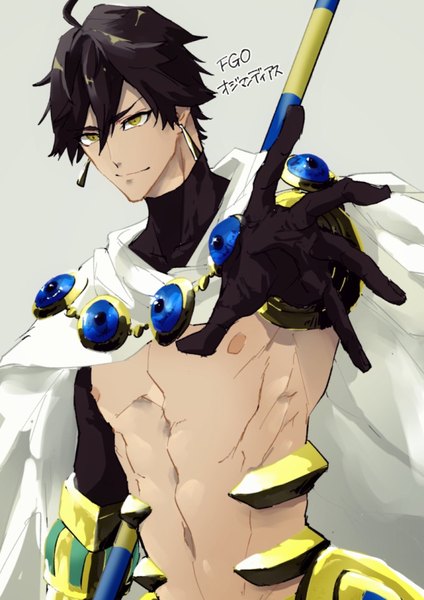 Anime picture 600x849 with fate (series) fate/grand order fate/prototype ozymandias (fate) oo taka single tall image fringe short hair black hair simple background hair between eyes yellow eyes looking away upper body ahoge grey background copyright name character names outstretched hand