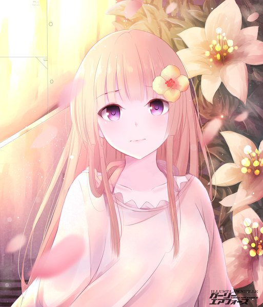 Anime picture 1684x1969 with girly air force gripen (girly air force) lawnielle single long hair tall image looking at viewer blush fringe blonde hair purple eyes signed upper body blunt bangs hair flower copyright name girl flower (flowers) petals