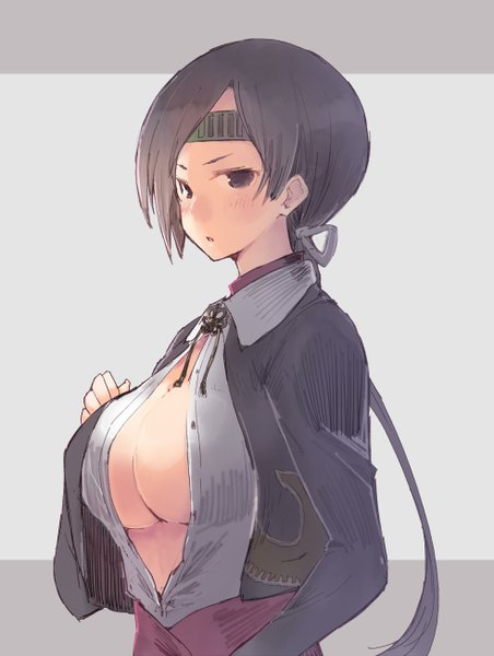 Anime picture 982x1304 with kantai collection chitose seaplane tender sumisu (mondo) single long hair tall image looking at viewer blush breasts light erotic black hair simple background large breasts ponytail black eyes grey background open clothes open shirt girl shirt