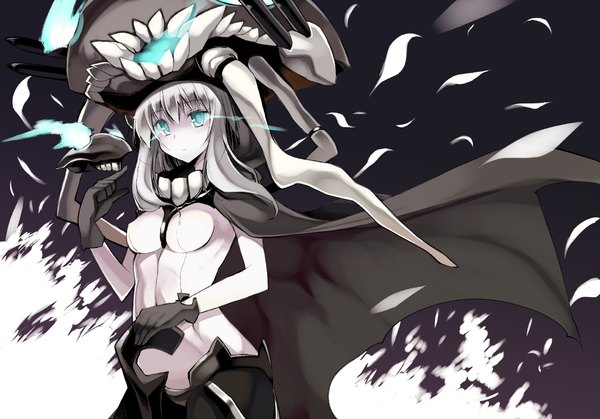 Anime picture 1152x806 with kantai collection wo-class aircraft carrier oota yuuichi single long hair breasts large breasts standing green eyes silver hair grey background teeth fang (fangs) erect nipples covered navel covered nipples pale skin sharp teeth shinkaisei-kan girl