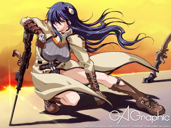 Anime picture 1280x960 with junk force gagraphic happoubi jin single long hair fringe red eyes blue hair purple hair full body outdoors pink eyes wind hair over one eye shadow copyright name girl gloves weapon boots