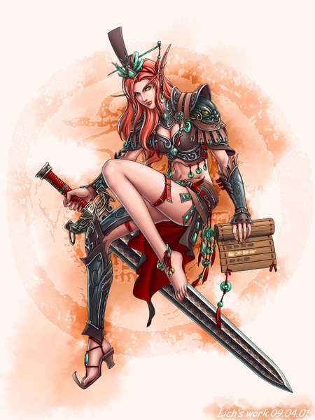 Anime picture 2200x2933 with world of warcraft blizzard entertainment hupo (artist) single long hair tall image looking at viewer highres green eyes pointy ears orange hair girl navel headdress armor huge weapon huge sword scroll