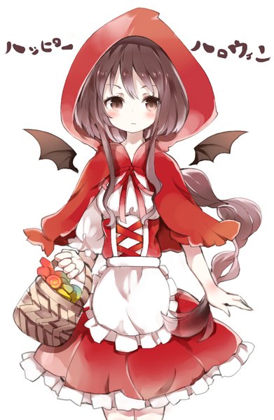 Anime picture 756x1159 with little red riding hood little red riding hood (character) kotatu (akaki01aoki00) single long hair tall image looking at viewer blush simple background brown hair white background brown eyes inscription halloween bat wings happy halloween girl wings food sweets