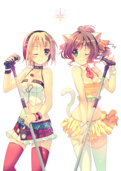 Anime picture 950x1346 with idolmaster idolmaster cinderella girls maekawa miku tada riina mizuno (suisuiw) tall image short hair blonde hair smile brown hair bare shoulders multiple girls green eyes animal ears tail animal tail one eye closed wink cat ears cat tail