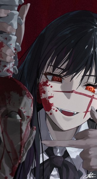 Anime picture 3000x5500 with chainsaw man mappa mitaka asa yoru (chainsaw man) tanaka (chainsaw man) chanism! single long hair tall image looking at viewer fringe highres open mouth black hair simple background red eyes :d scar red background blood on face