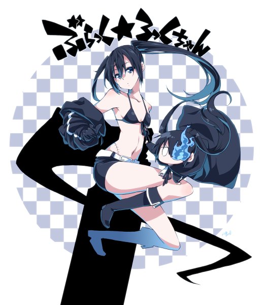 Anime picture 1044x1200 with black rock shooter black rock shooter (character) takanashi ringo long hair tall image blue eyes black hair twintails glowing scar glowing eye (eyes) chibi checkered girl shorts cloak bikini top