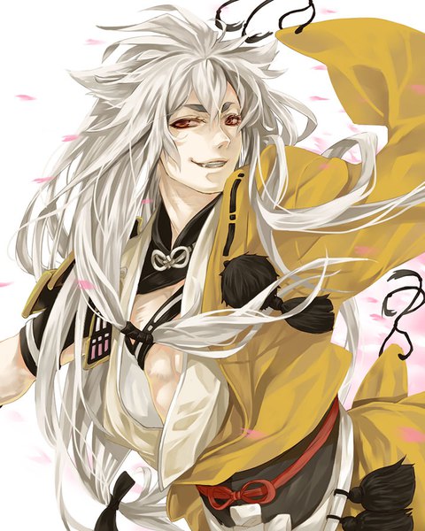 Anime picture 720x900 with touken ranbu nitroplus kogitsunemaru single long hair tall image simple background smile red eyes white background animal ears long sleeves traditional clothes japanese clothes grey hair wide sleeves fang (fangs) fox ears boy petals